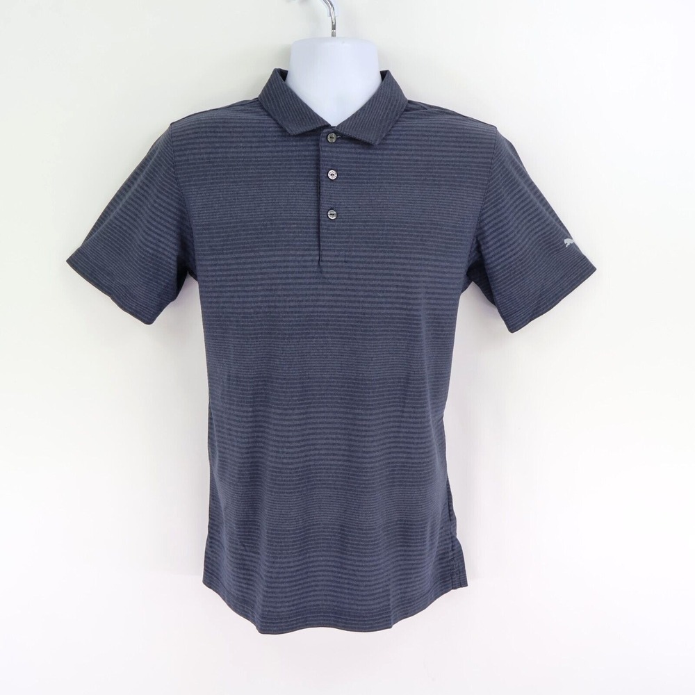 PUMA Polo‎ Golf Shirt Mens Size S Dark Blue Striped 100% Polyester Short Sleeves